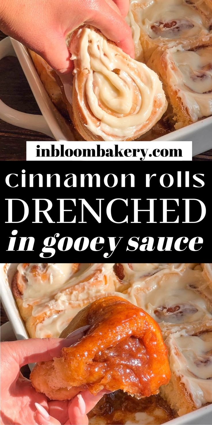 cinnamon rolls drizzled in gravy sauce and then topped with melted cheese