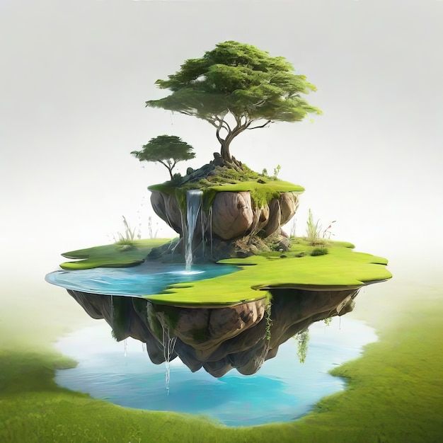 an island with a waterfall and trees on it in the middle of green grass covered land