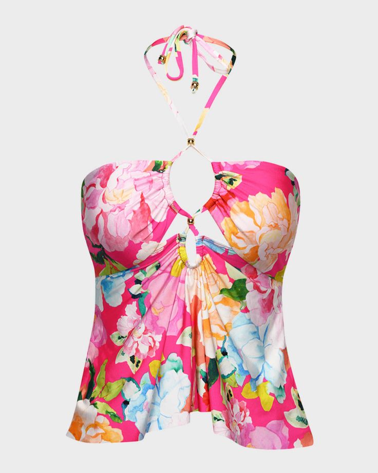 Sunshine 79 "Expressive Garden" tankini swim top    Halter neckline; selfties behind the neck     Cutouts at center bust    Pullover style     Nylon/polyamide/elastane    Lining: Elastane/nylon    Imported    Bottoms sold separately Beachy Dresses, Bandeau Tankini Top, Bandeau Tankini, Hot Pink Floral, Swimsuit Material, Halter Tankini, Cruise Outfits, Cute Bathing Suits, Top Halter