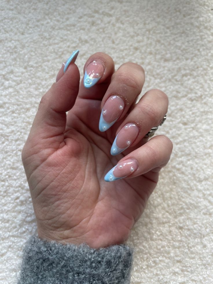 Blue Chrome Nails With Pearls, French Tip Unicorn Nails, Light Blue And Pearl Nails, Blue French Tip Rhinestone Nails, Blue French Tip With Pearls, Light Blue French Tip Chrome, Light Blue Nails With Pearls, Light Blue Pearl Nails, Blue Nails With Pearls