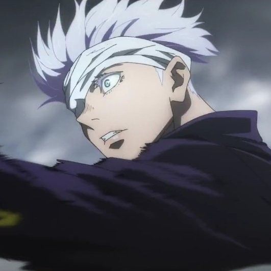 an anime character with white hair and blue eyes looking at something in the sky behind him