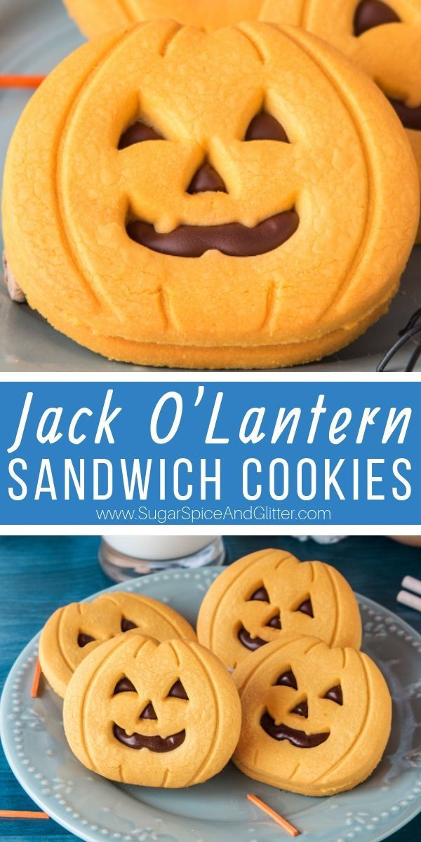 jack o'lanterner sandwich cookies on a plate