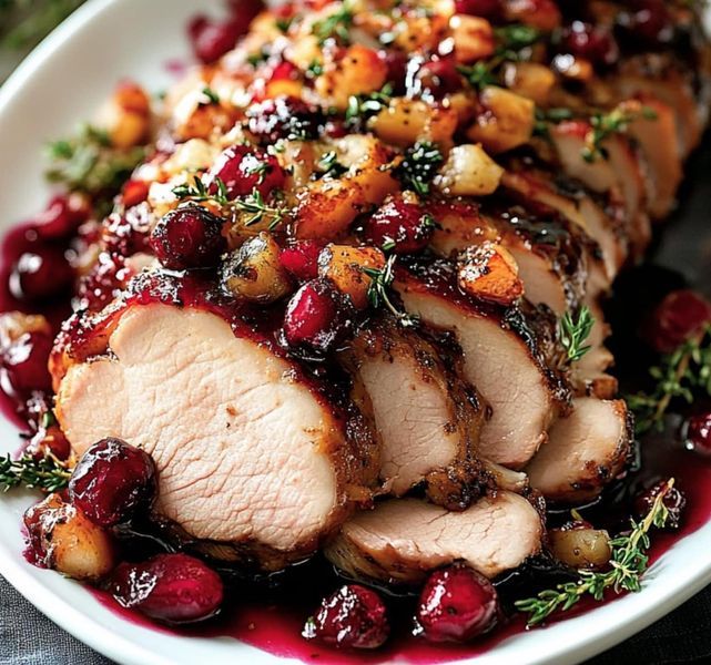 a white plate topped with meat covered in cranberry sauce and garnish