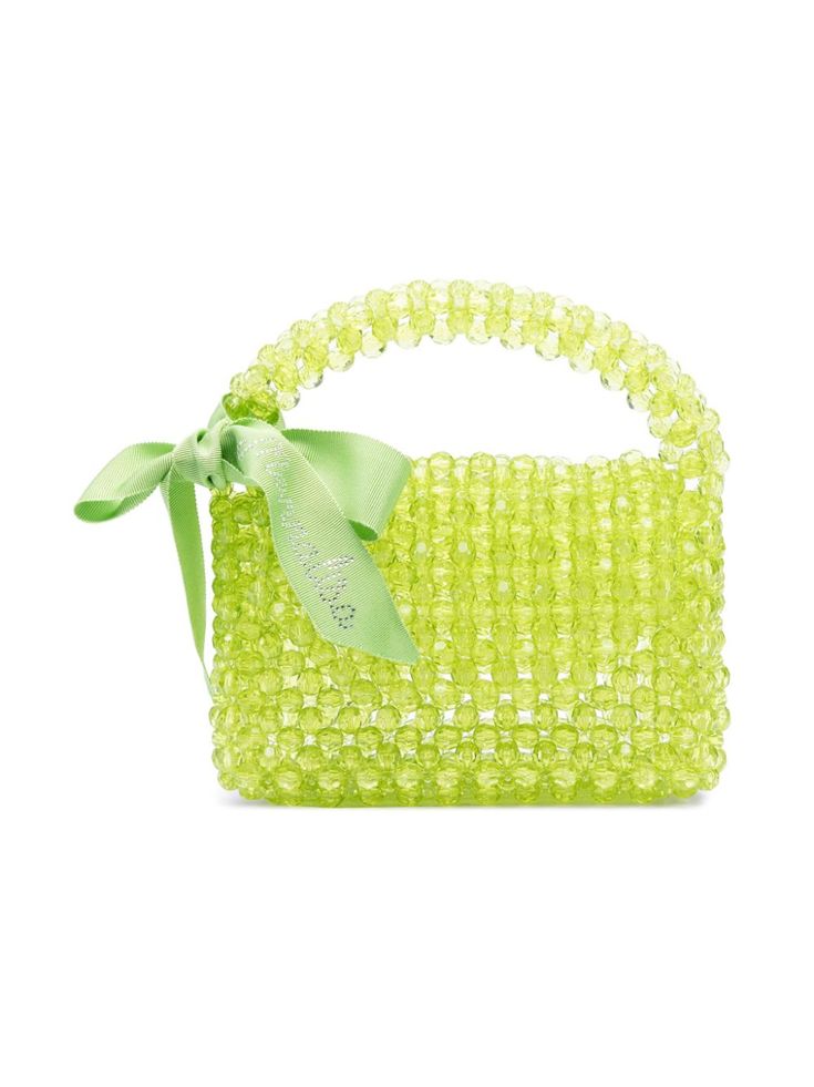 light green transparent design bead embellishment rectangle body single rolled top handle removable rhinestone-logo ribbon main compartment unlined foldover top Trendy Embellished Rectangular Bag, Green Shoulder Bag For Summer, Spring Beaded Bags Perfect For Gifts, Summer Party Embellished Bags, Embellished Party Bags For Summer, Green Top Handle Bag For Gift, Green Top Handle Bags As Gifts, Spring Beaded Bag As Gift, Spring Beaded Bags As Gifts