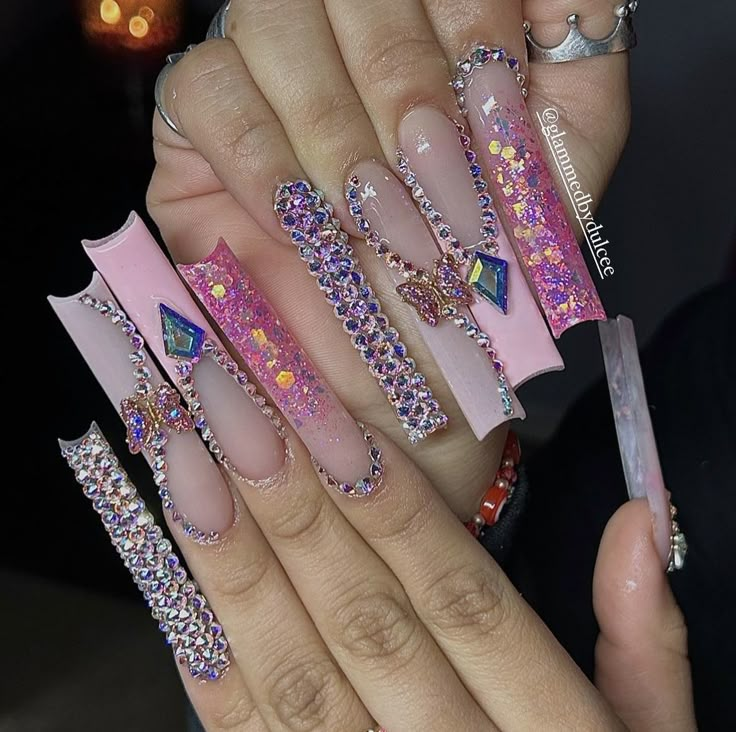 Gem Placement, Bedazzled Nails, Fake Acrylic Nails, Tech Education, Long Acrylic Nail, Ny Drill, Licensed Cosmetologist, Long Square Nails, Super Cute Nails