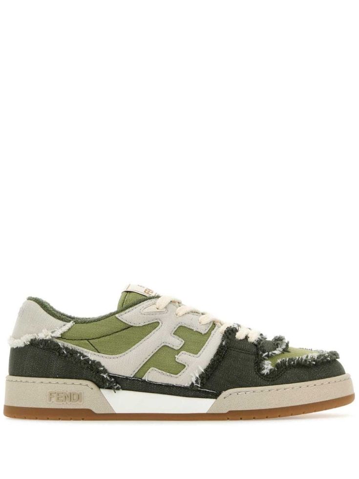 green/white cotton blend calf leather trim round toe front lace-up fastening logo patch at the tongue FF logo at side frayed trims branded insole flat rubber sole Green Sneakers With Embroidered Logo And Round Toe, Green Round Toe Sneakers With Embroidered Logo, Green Sneakers With Logo Patch And Round Toe, Canvas Sneakers With Logo Patch And Round Toe, Green Round Toe Sneakers With Logo Patch, Green Low-top Sneakers With Logo Patch, Green Canvas Sneakers With Contrast Sole, Canvas Lace-up Sneakers With Logo Patch, Sporty Canvas Sneakers With Logo Patch