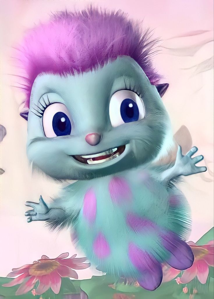 a cartoon character with purple hair and blue eyes, standing in front of pink flowers