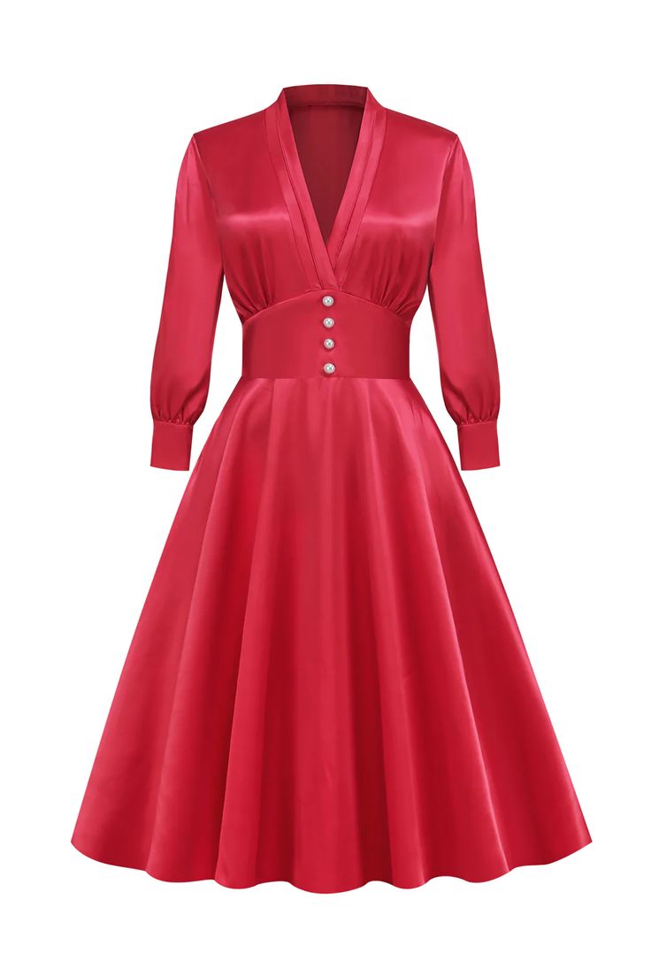 Zapaka Women Red Vintage Dress Retro Style V Neck 1950s Dress with Long Sleeves – ZAPAKA Dresses For Women Long Sleeve, Long Sleeve Vintage Dresses, Vestidos Retro, Vintage Long Dress, Vintage Red Dress, Womens Cosplay, Robes Vintage, Barbie Costume, Carnival Festival