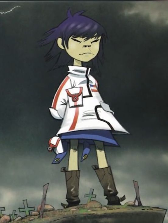 an anime character standing on top of a hill with dark clouds in the sky behind her