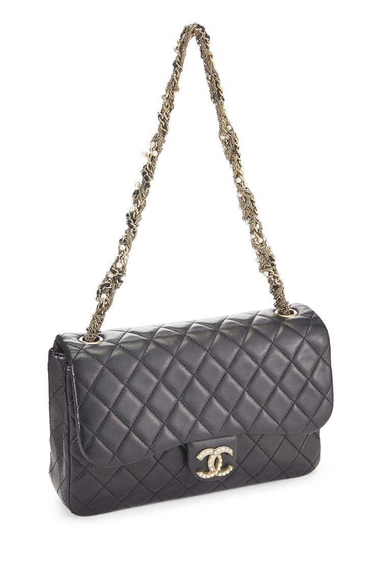 Find CHANEL Quilted Lambskin Flap Bag on Editorialist. This Chanel flap bag is crafted from quilted lambskin leather. It features a gold-tone chain strap with pearls, a push lock closure, and a Chanel logo. The bag can be worn on the shoulder. Chanel Flap Bag, Chanel Logo, Shopping Chanel, Pearl Leather, Laura Geller, Cow Boy, Black Quilt, Chanel Black, Issey Miyake