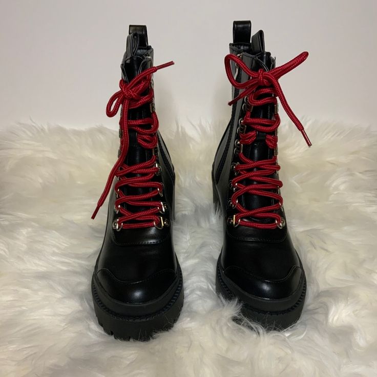 Lace-Up Chunky Combat Boots. Brand New. Never Worn. Winter Black Boots With Red Sole, Trendy Black Combat Boots With Flat Heel, Bold Black Leather Platform Boots, Bold Black Ankle Boots, Black High Ankle Boots With Red Sole, Black Boots With Red Sole For Fall, Bold Black Platform Boots With Round Toe, Black Lace-up Boots With Red Sole, Bold Black Round Toe Platform Boots