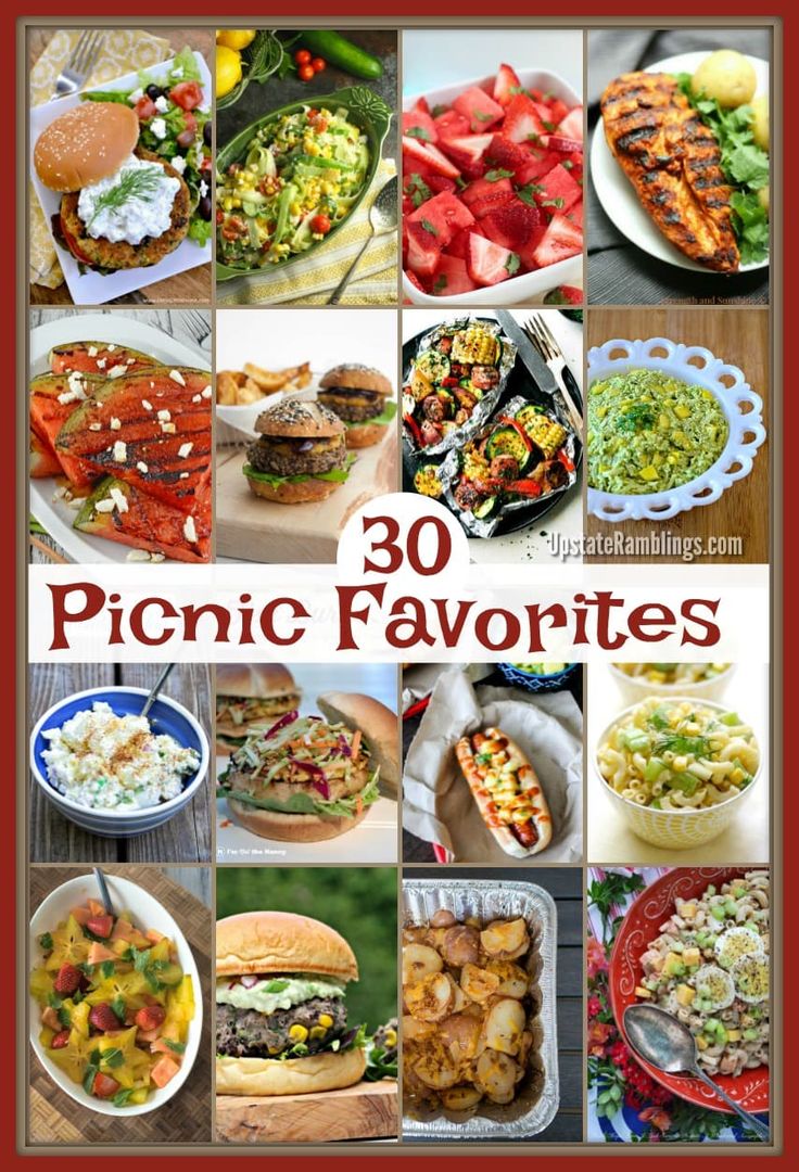 the cover of 30 picnic favorites, with pictures of different foods and dishes on it