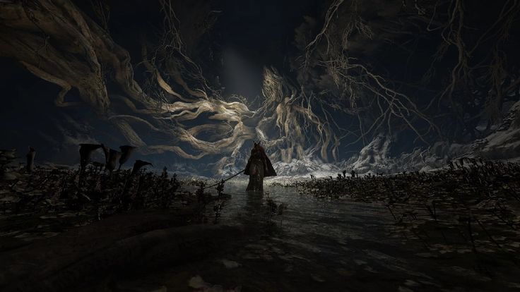 a man standing in the middle of a river under a dark sky with trees growing out of it