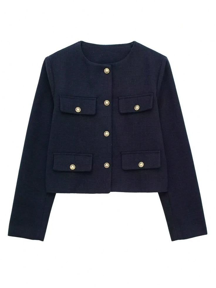 Azul Marino Casual Collar manga larga Tela tricotada Liso Más Embellished No-Elástico Mode Mantel, Cropped Coat, Chic Coat, Women Jackets, Navy Blue Blazer, Tweed Coat, New Chic, Slim Fit Shorts, Short Coat