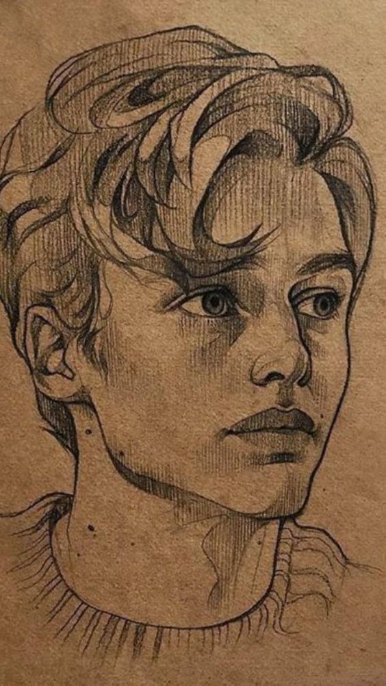 a drawing of a boy with curly hair