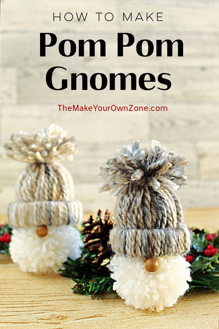 pom pom gnomes made out of yarn and pine cones with text overlay how to make pom pom gnomes