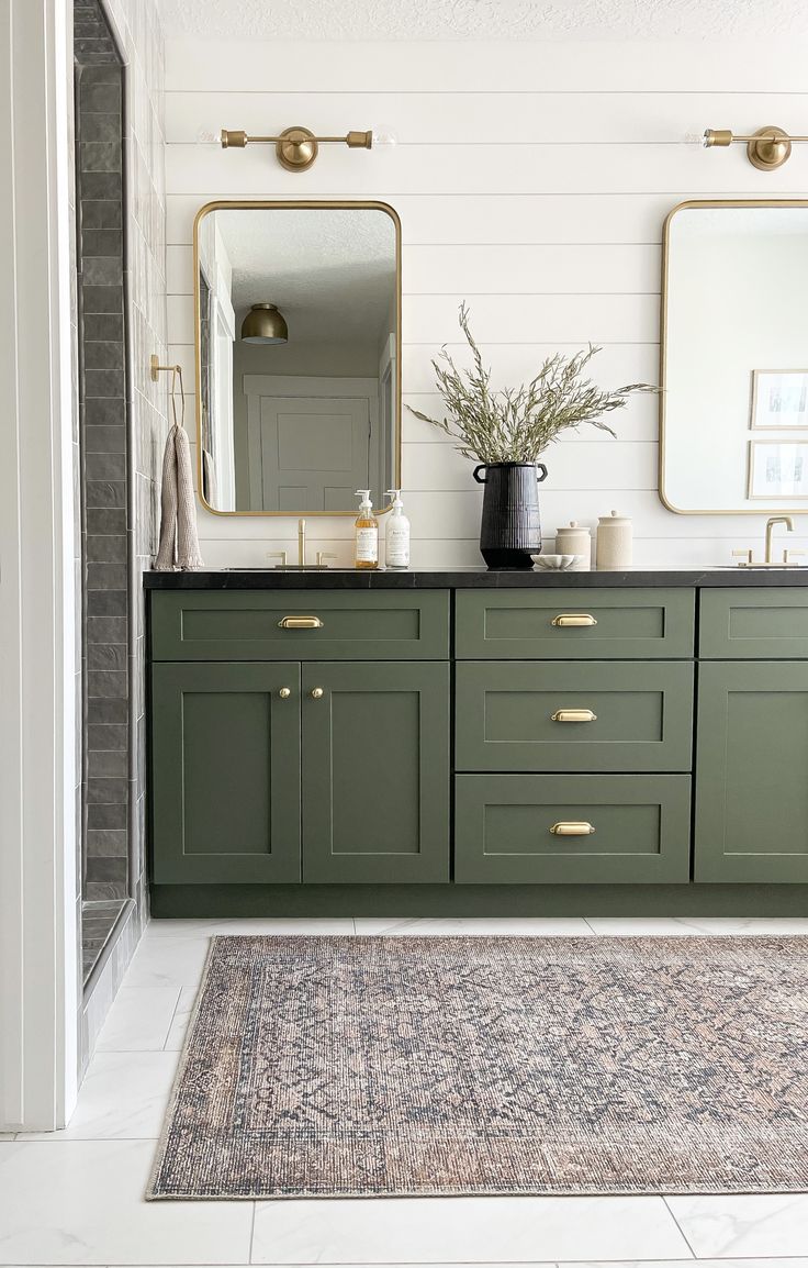 master bathroom with green cabinets, gold knobs, and marble tile Green Bathroom Vanity, Master Bath Remodel, Green Cabinets, Bathroom Remodel Designs, Bathroom Inspiration Decor, Upstairs Bathrooms, Bathroom Redo, Green Bathroom, Bathroom Wallpaper