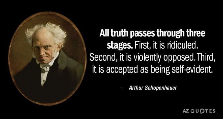 an older man in a black suit and white hair with a quote on it that says all truth passes through three stages first, it is included