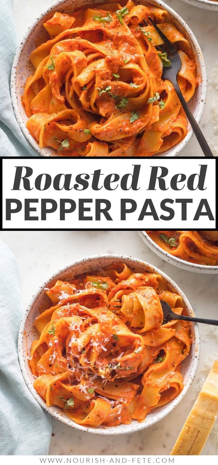 two bowls filled with roasted red pepper pasta