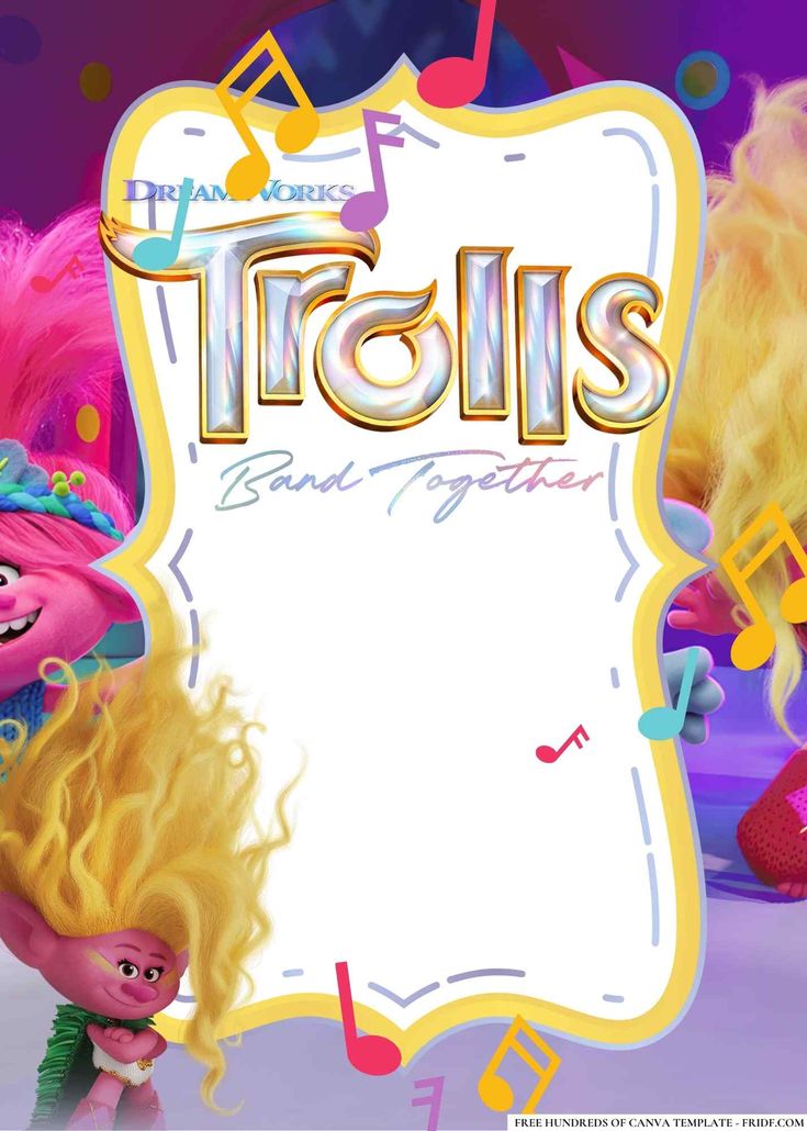 an image of trolls with music notes in the background and a sign that says troll's band together