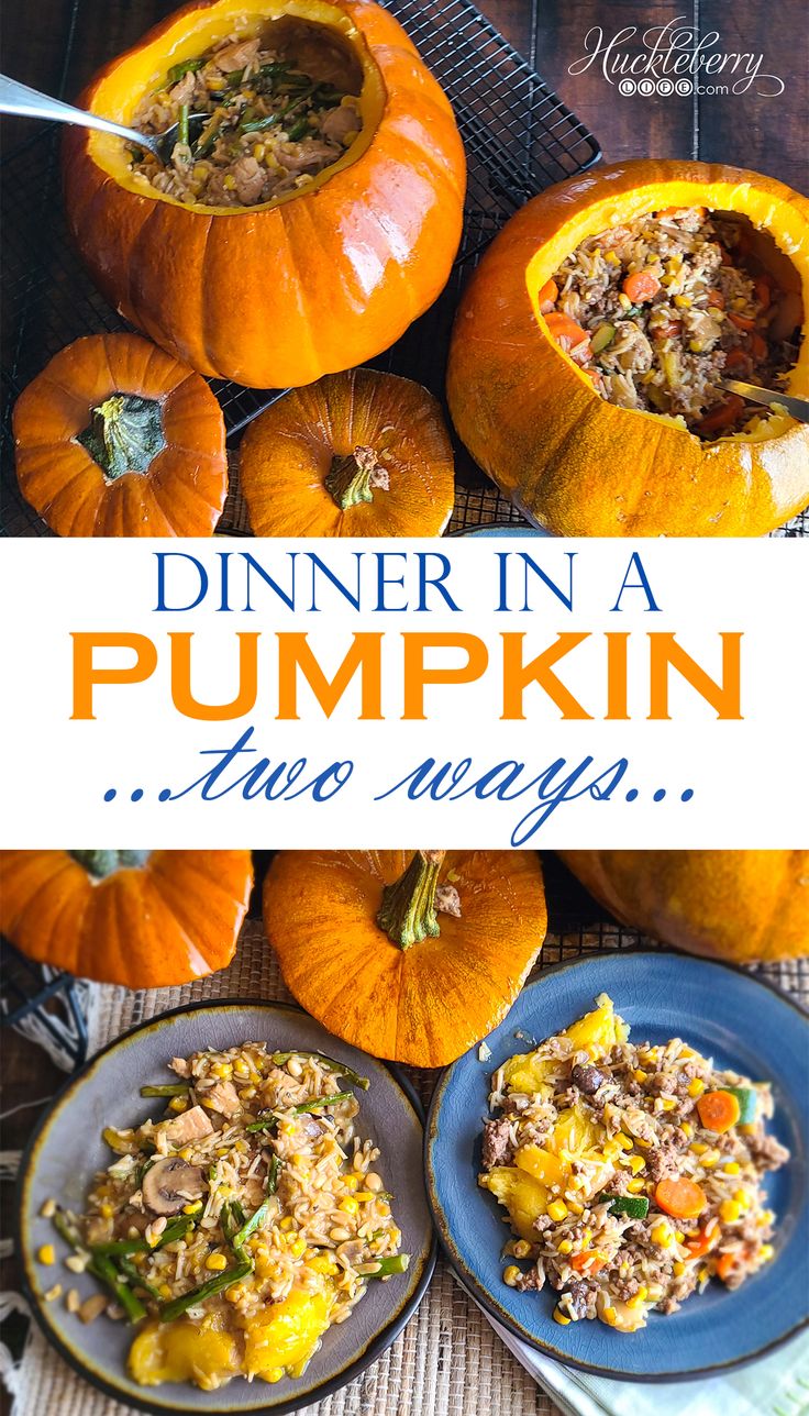 dinner in a pumpkin bowl is served on two plates with the words, dinner in a pumpkin