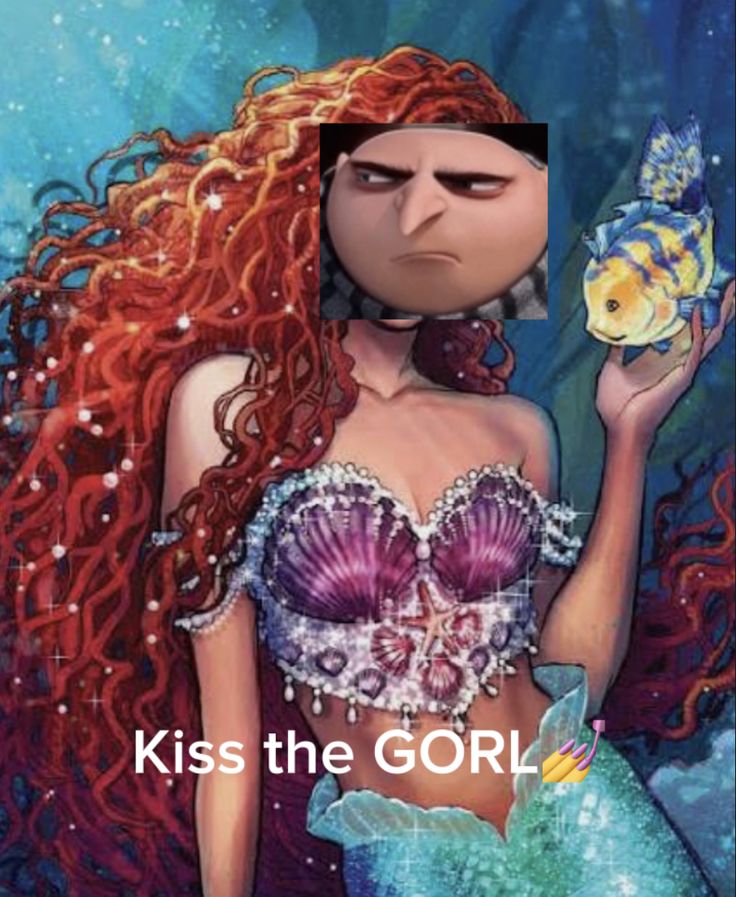 a woman with red hair holding a fish in her hand and the words kiss the gorl on it