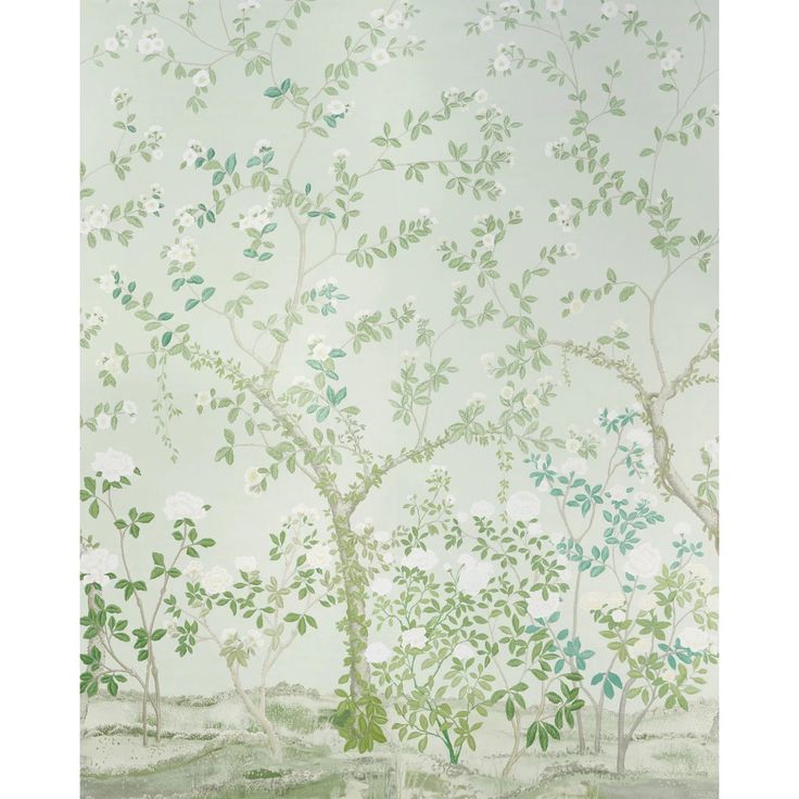 a painting of trees with white flowers and green leaves on the branches, against a pale blue sky