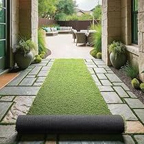 an open door leading to a patio with green grass and potted plants on either side