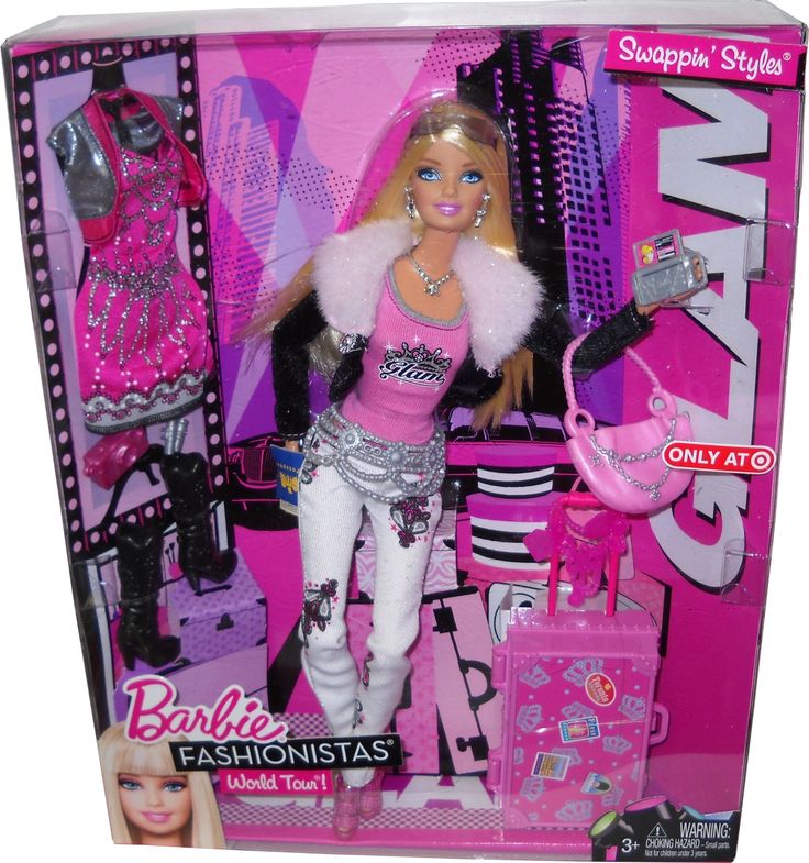 the barbie doll is dressed in pink and has white fur collars, black pants, and boots