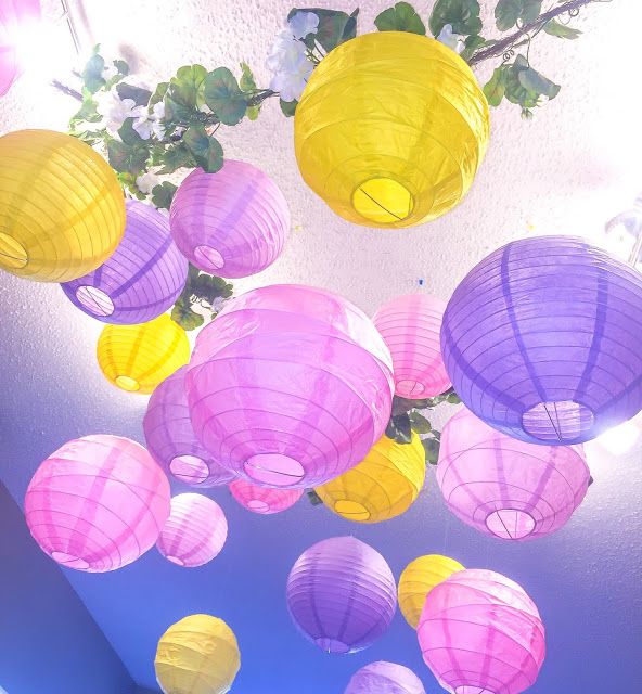 colorful paper lanterns are hanging from the ceiling