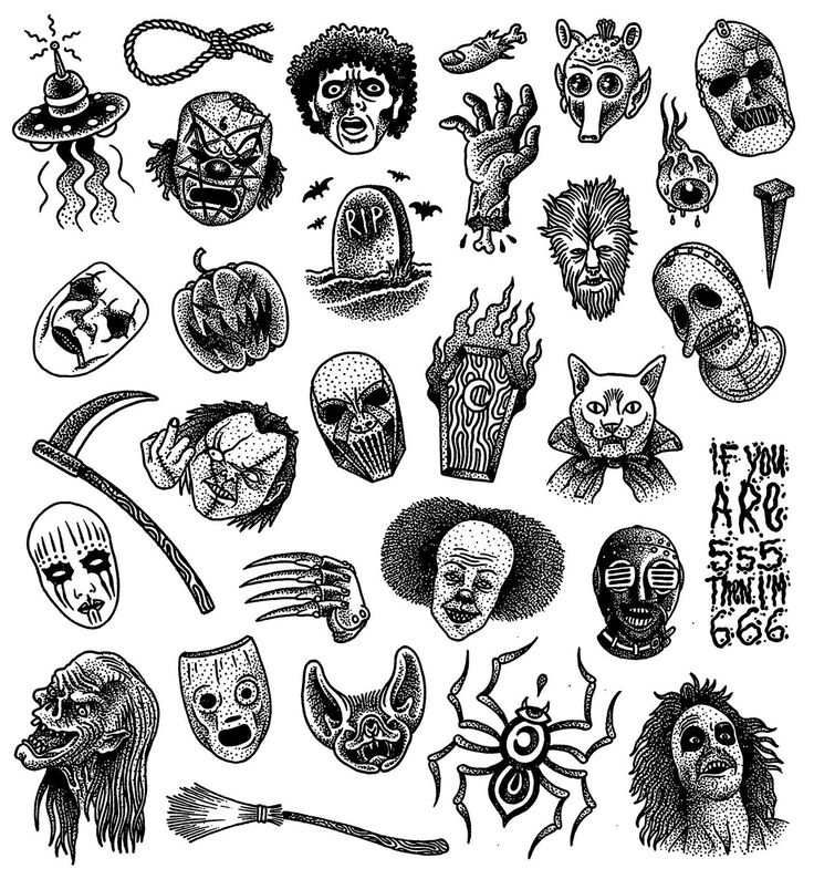 an assortment of halloween tattoos on a white background with black and white ink, including skulls,