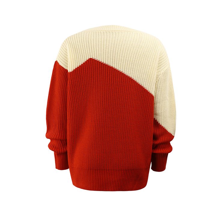 Red Contrast Round Collar Pullover Knit Sweater Red Winter Sweater With Ribbed Cuffs, Red Knit Crew Neck Outerwear, Red Knit Tops With Ribbed Cuffs, Red Chunky Knit Long Sleeve Sweater, Red Knit Color Block Sweater, Cozy Red Sweater With Ribbed Cuffs, Red Color Block Sweater For Fall, Red Oversized Crew Neck Sweater, Cozy Red Crew Neck Cardigan