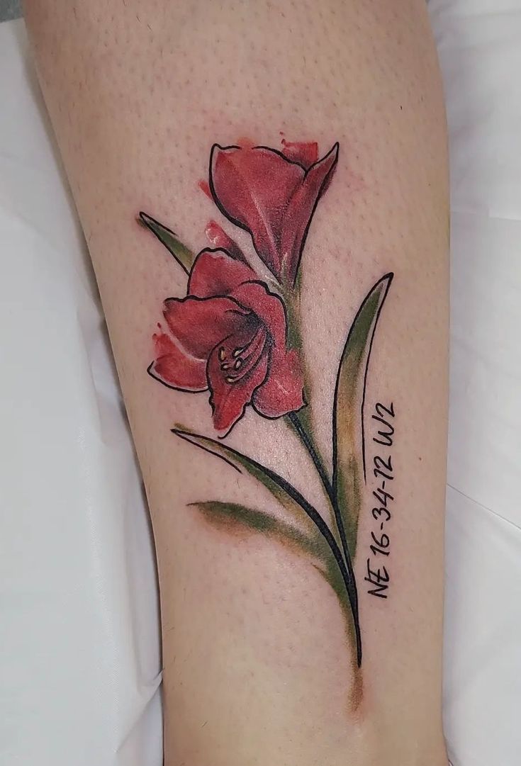 a red flower is on the leg of a woman with words written in black ink