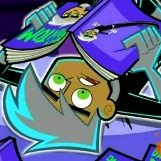 a cartoon character with green eyes and a purple hat on his head is surrounded by books