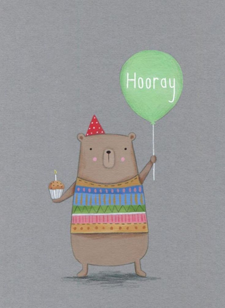 a bear holding a cupcake and balloon with the word hooray on it