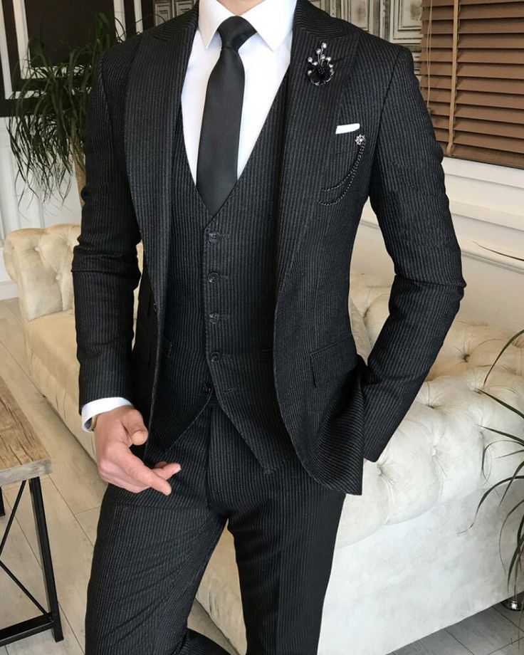 Groom Suit Trends, Mens Pinstripe Suit, Men's Tuxedo Wedding, Suit Overcoat, Black Men Suits, Groom Tuxedo Wedding, Corduroy Suit, Black Pinstripe Suit, Black Suit Wedding