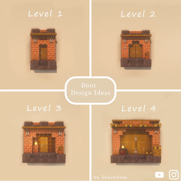 four different views of a door with the words level 1, level 2 and level 4