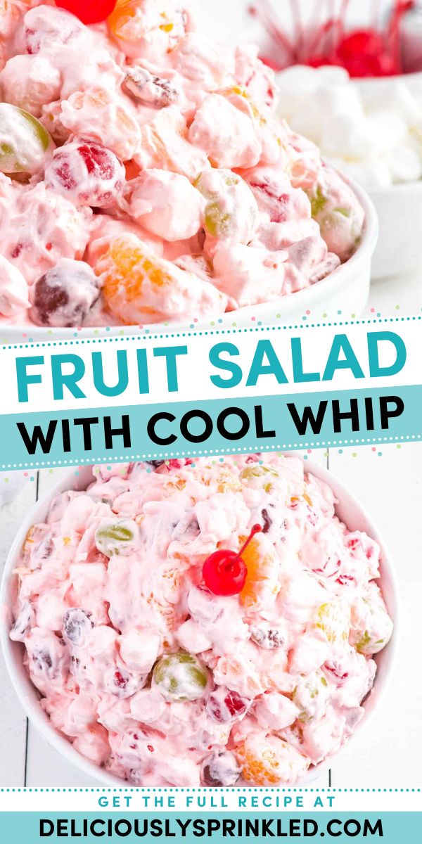 A perfect spring salad idea! This spring side dish recipe is as easy as dump and mix. Tossed in Cool Whip with marshmallows and pecans, this fruit salad for parties is sweet and creamy with a little crunch! Fruit Salad With Cool Whip, Fruit Delight, Jello Fruit Salads, Easy Fruit Salad, Spring Side Dishes, Fluff Salad Recipes, Easy Fruit Salad Recipes, Cool Whip Desserts, Cookout Sides