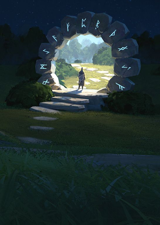 a man is walking towards an arch in the sky with numbers and arrows on it