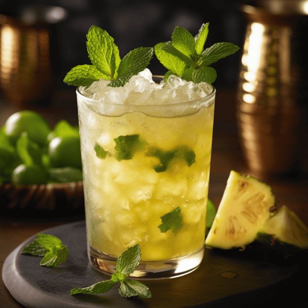 a glass filled with ice and mint sitting on top of a table next to a slice of lime