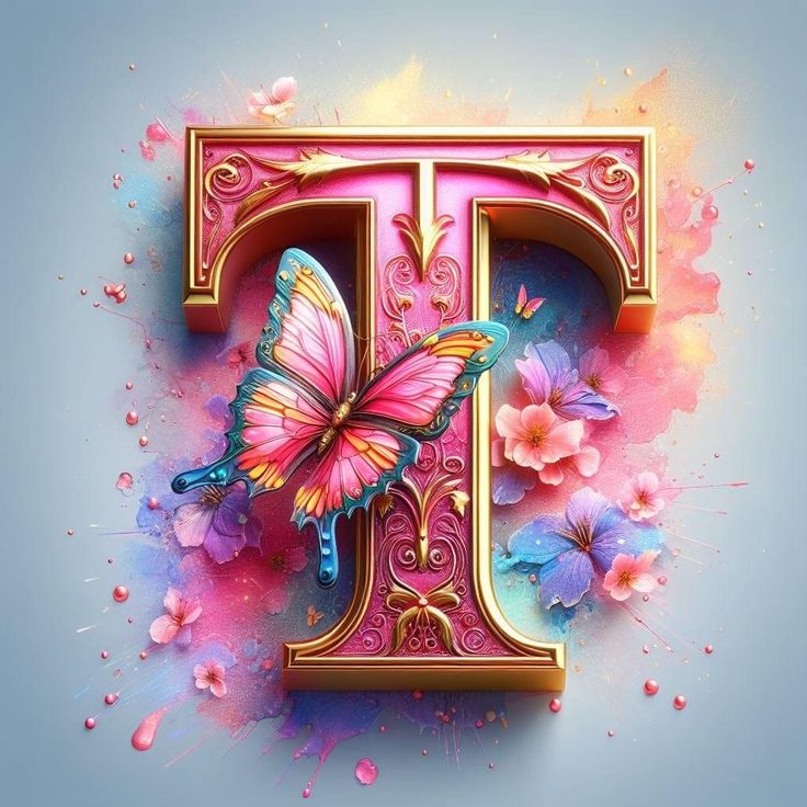 the letter t is decorated with butterflies and flowers