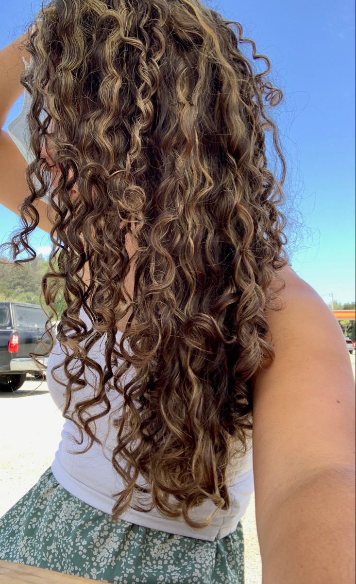 Highlighted curly hair Highlighted curly hair, curly hair inspo, 3a curls, honey highlights, long curly hair Blonde Highlights Curly Hair, 3a Curls, Curly Highlights, Honey Highlights, Highlights Curly, Dark Curly Hair, Dyed Curly Hair, Natural Curly Hair Cuts, Highlights Curly Hair