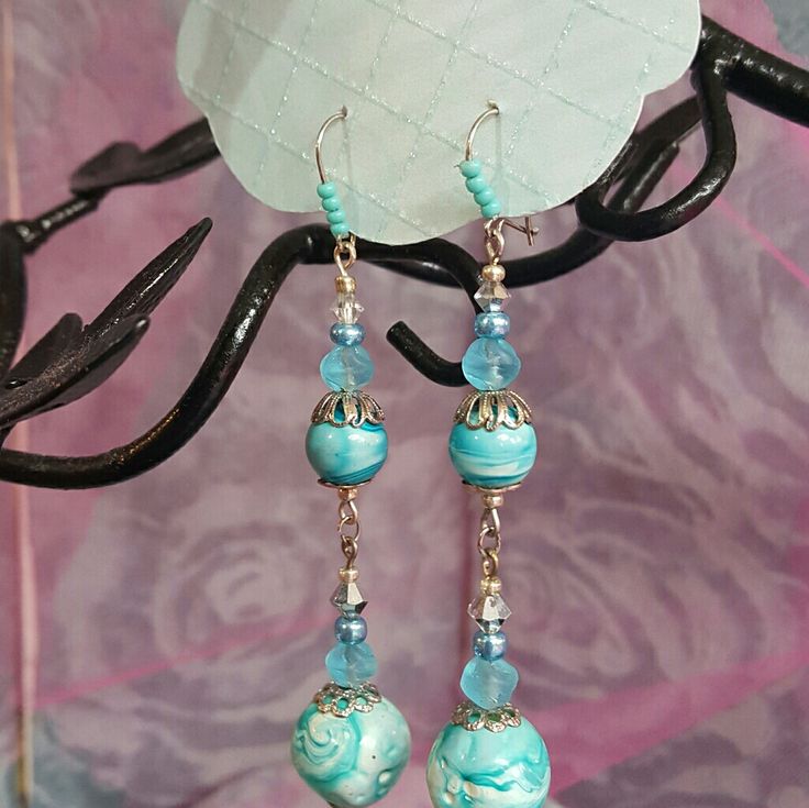 Tie Die Vintage Beads ,With Blow Hlass Adjustable Blue Earrings With Large Beads, Elegant Light Blue Jewelry With Large Beads, Blue Pearl Drop Bohemian Earrings, Blue Bohemian Pearl Drop Earrings, Elegant Summer Beaded Earrings With Dangling Beads, Elegant Beaded Earrings For Summer Beach, Elegant Beaded Earrings For Beach In Summer, Elegant Beaded Earrings For Beach Summer, Elegant Summer Beaded Dangling Earrings