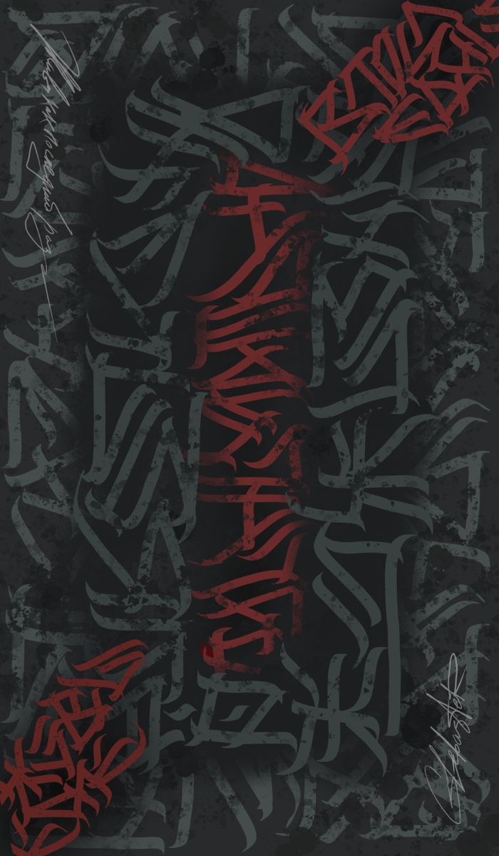 an abstract black and red painting with some writing on it