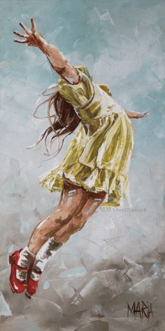 a painting of a woman in yellow dress and red shoes jumping up into the air