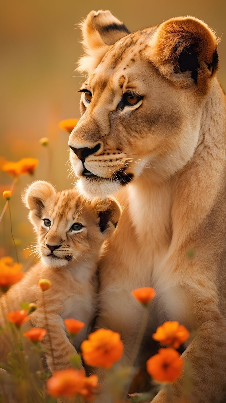 two young lions sitting in the middle of an orange flower filled field with their mother