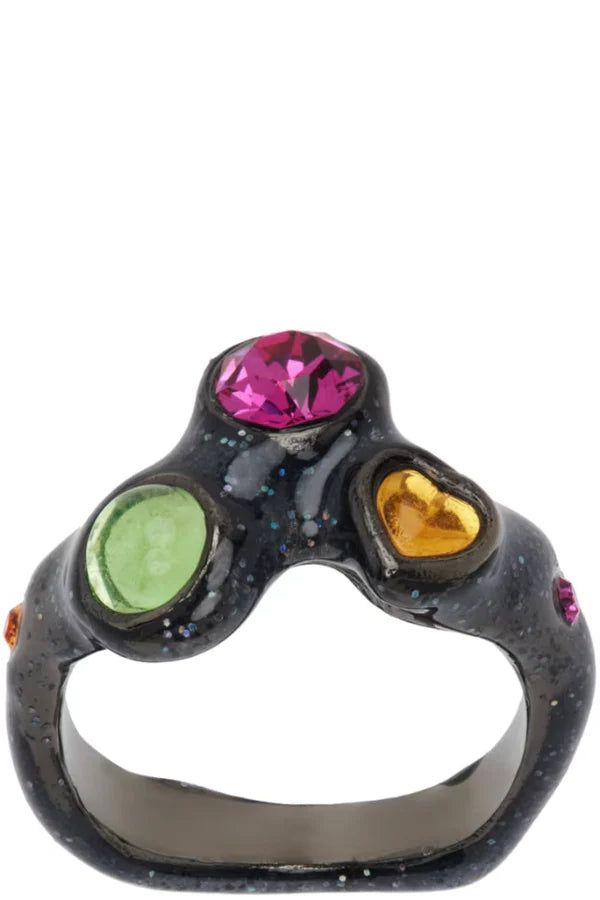 Dainty, organic ring with deadstock rhinestones and cabochons. Hand enameled. This is a costume jewelry piece. Please use care with this item and do not wear while bathing or swimming. Excessive wear may cause the interior finish to deteriorate. Made by Collina Strada CONTENT & CARE:100% recycled pewter, hand enameled finish and Swarovski Crystals Party Jewelry With Jeweled Enamel, Black Enamel Party Jewelry, Party Resin Ring Jewelry, Princes Ring, Overalls And Sweater, Usa Jewelry, Organic Rings, Organic Ring, Jewelry Bag