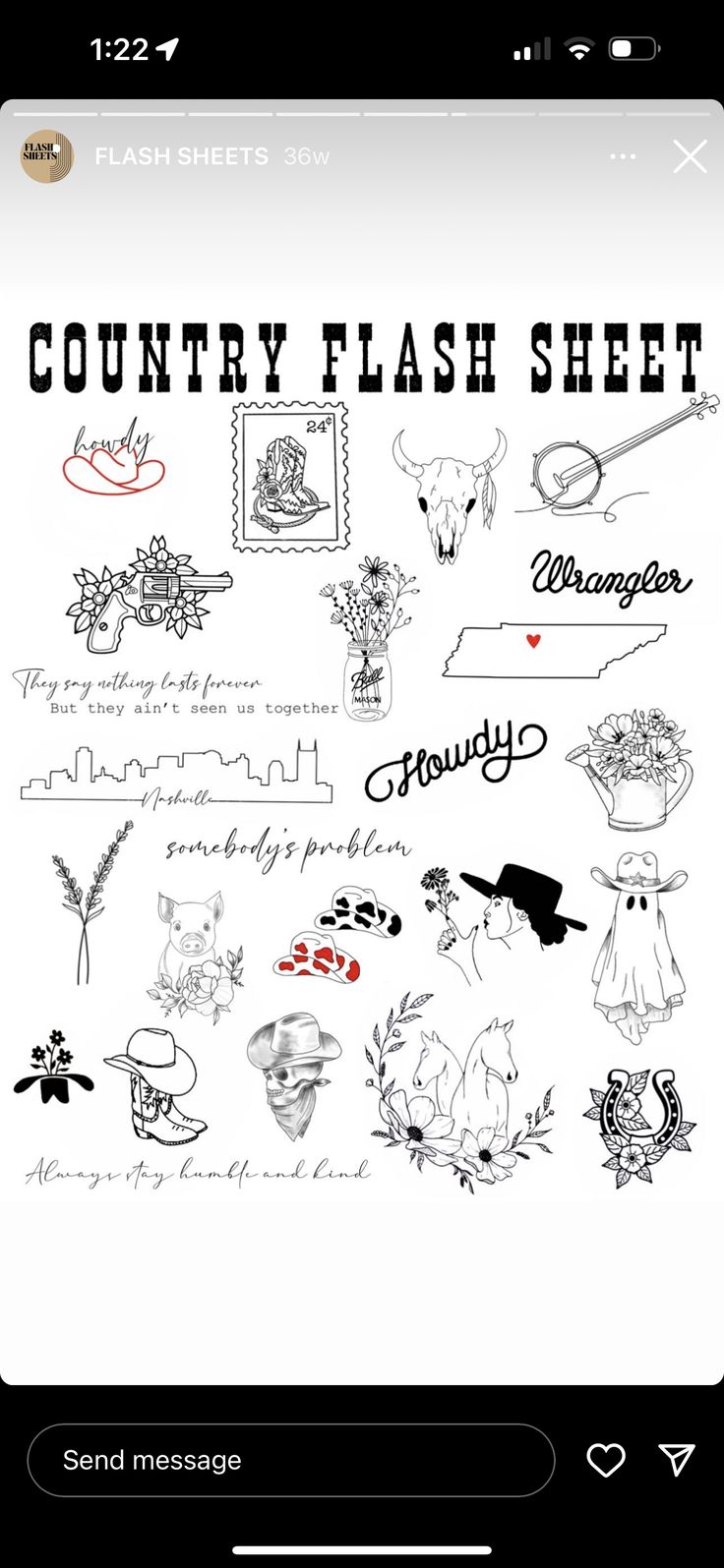 an image of a phone screen with the words country flash sheet written in black and white