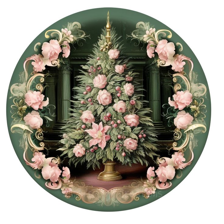 a christmas tree surrounded by pink flowers on a green background with gold trimmings