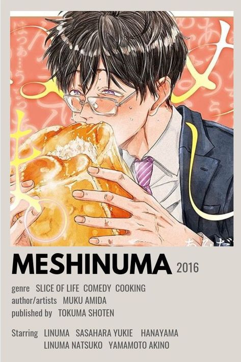 an anime poster with the words meshinumaa on it and a man eating bread